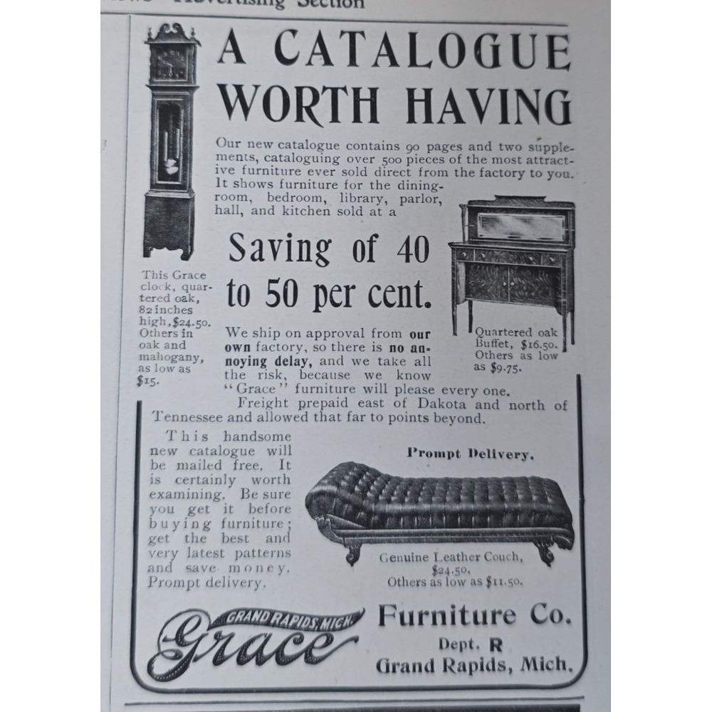 1903 Grace Furniture Co Grand Rapids MI Print Ad Antique Clock Leather Couch Art